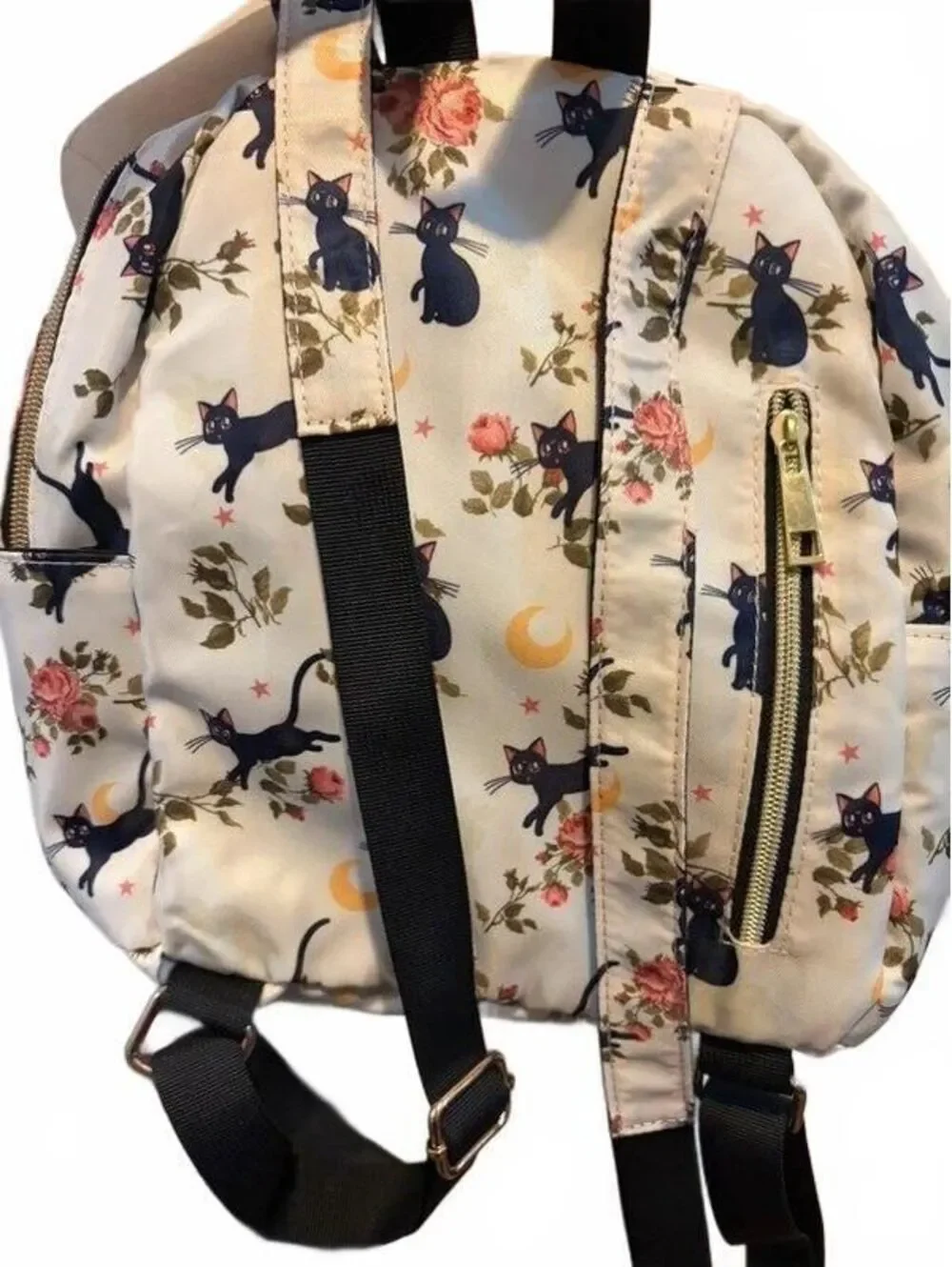 Sailor Moon Luna Floral Mini Backpack Hot Topic Black Cat Cream Gold Hardware